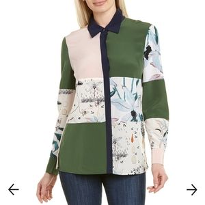 TORY BURCHPatchwork Long-Sleeve Button-Down Silk Shirt sz 10 Women's